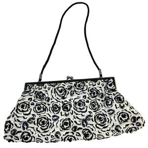Lancome Iridescent Beaded Floral Brocade Clutch Bag Purse Black White Women Bead